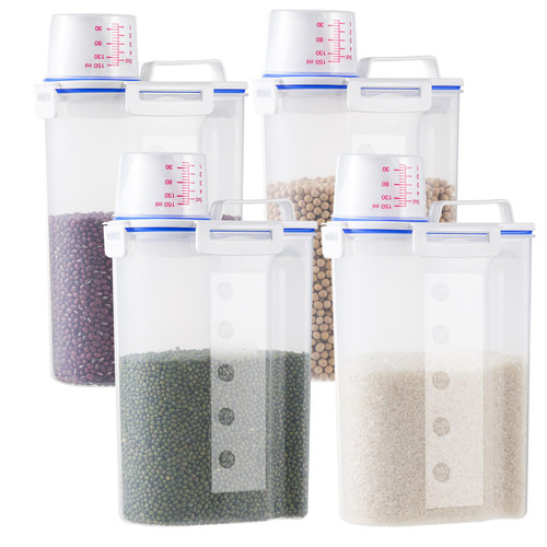 4 Pcs 5 lb Rice Dispenser Flour Storage Container, Airtight Dry Food Storage Bin with Pouring Spout & Measuring Cup, Kitchen Pantry Plastic Clear Jars for Oatmeal, Grain, Cereal, Pasta, Dog Pet Food