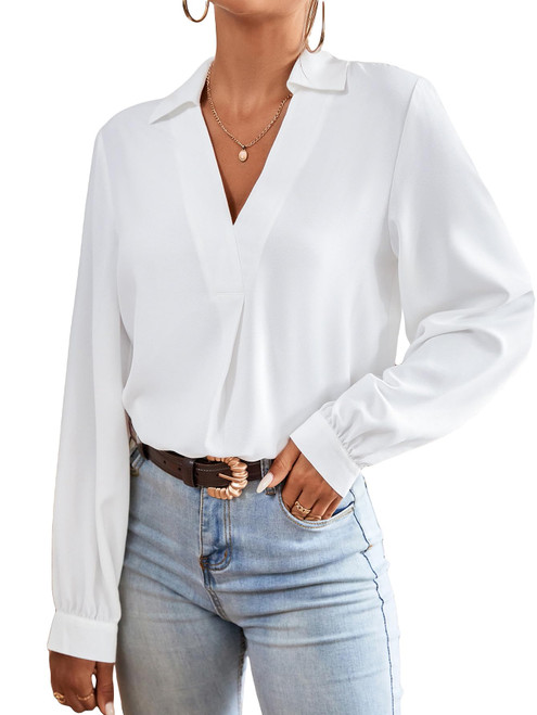 Verdusa Women's Elegant Collar V Neck Bishop Long Sleeve Shirt Blouse Top White M