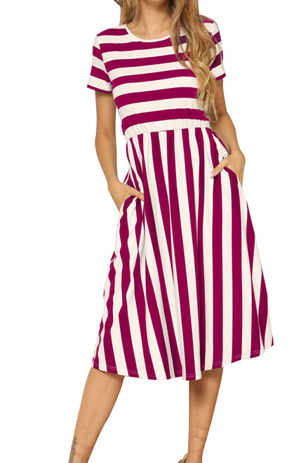 levaca Women's Short Sleeve Striped Swing Pockets Teen Midi Dress Wine S