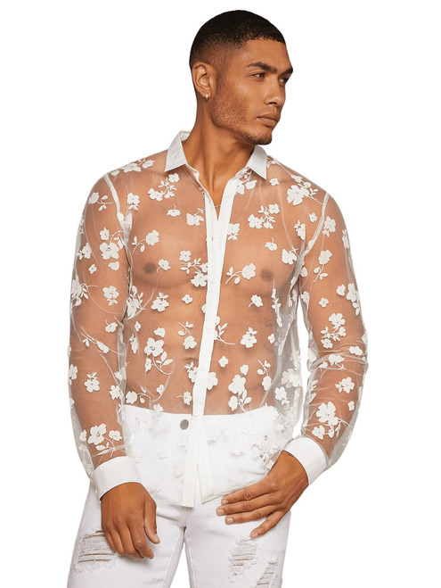 Floerns Men's See Through Long Sleeve Button Front Collar Neck Mesh Shirt Top White M