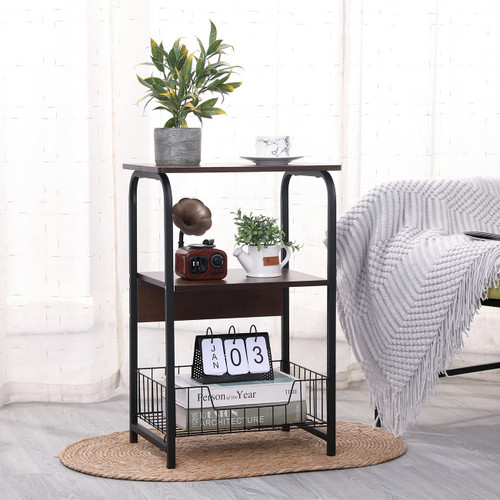 HomeSailing 3 Tiers End Table Stable Wood and Metal Frame Side Table Bedside Table Nightstand with Storage Shelf and Basket for Living Room Bedroom Kitchen and Office
