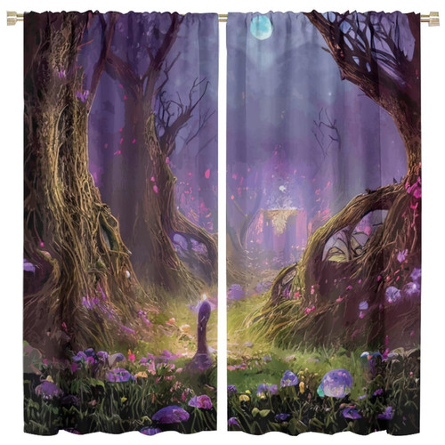 Hazuff Girls Fantasy Forest Blackout Window Curtains, Fairytale Mystery Purple Flowers Enchanted Forest Decoration Insulate Rod Pocket Curtains for Bedroom Living Room Kids Room 42X45in