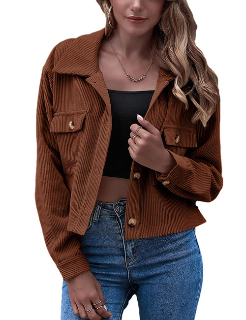 Gihuo Women's Fashion Cropped Shacket Button Down Corduroy Shacket Jackets Casual Plaid Long Sleeve Crop Jackets Tops (Brown, Large)