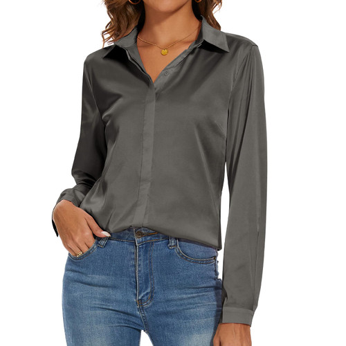 Women's Silk Blouse Long Sleeve Lady Shirt Casual Office Work Blouse Button-Down Shirts Tops(Gray Brown,L)