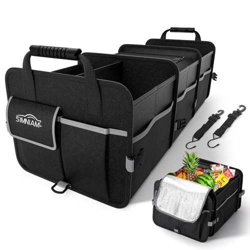 Simniam 95L Large Trunk Organizer for Car, Collapsible Multi Compartment Car Trunk Organizer with Cooler Bag, Suitable for All Kinds of Cars, SUV, Minivan - 4 Compartments Dark Gray