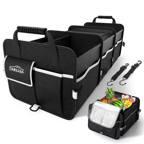 Simniam 95L Large Trunk Organizer for Car, Collapsible Multi Compartment Car Trunk Organizer with Cooler Bag, Suitable for All Kinds of Cars, SUV, Minivan - 4 Compartments Light Gray