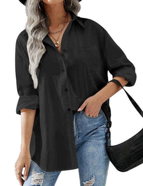 HOTOUCH Womens Button Down Casual Loose Fit Cotton Work Linen Blouse Shirt with Pocket Black, Large, Long Sleeve