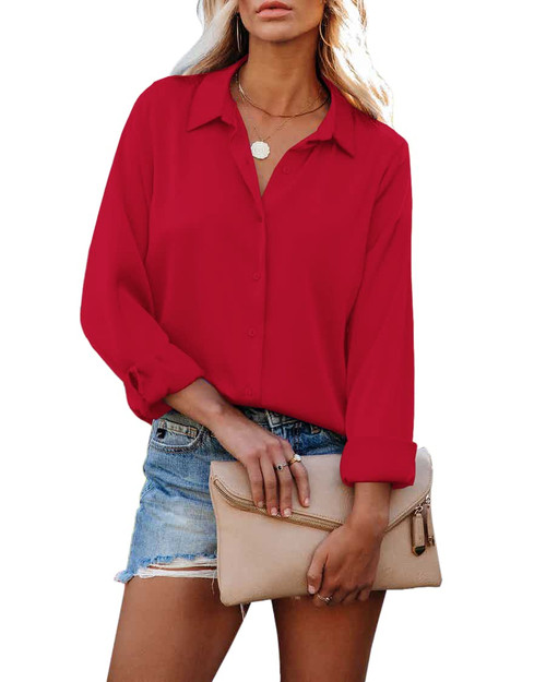HOTOUCH Womens Button Down Chiffon Blouses Collared Casual Going Out Tops Red, Medium, Long Sleeve