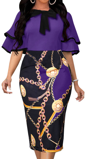 VisiChenup Women's Bodycon Pencil Dress Sexy Crew Neck Short Ruffles Sleeve Business Basic Fitted Outfits Casual Dresses Suits for Work with Bowknot Zipper