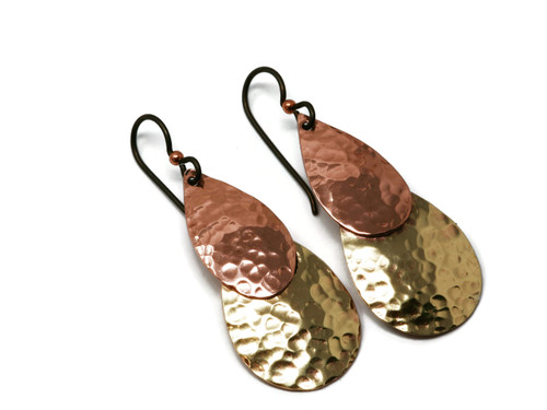 Salish Sea Inspirations Handmade Mixed Metal Hammered Copper and Brass Teardrop Earrings