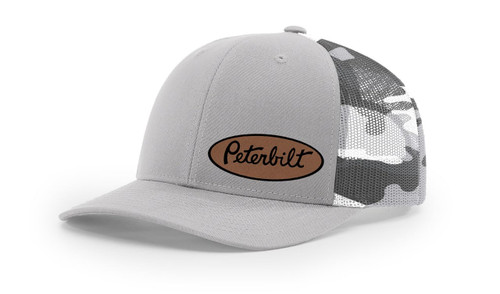 Peterbilt Truck Logo Side Panel Laser Engraved Leather Patch Richardson 112 Snapback Trucker Hat Cap Silver Grey/camo