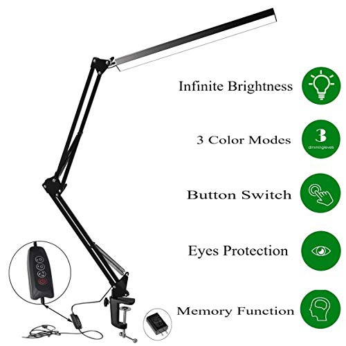 LED Architect Desk Lamp with Clamp, NovoLido Metal Swing Arm Task Lamp with 3 Color Modes, Eye-Caring 7.8W Infinite Brightness Drafting Table Lamp for Craft with Button Operation, 5V/2A Adapter, Black