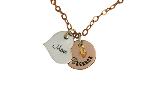 Mixed Metal Mother's Necklace, Personalized Jewelry, New Mom Gift, Mother's Day, Multiple Name Discs, Heart Jewelry, Birthstone Necklace
