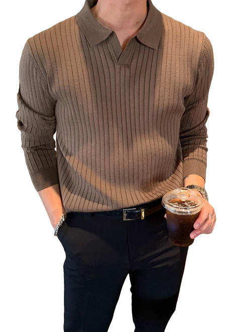 COZYEASE Men's Solid Ribbed Knit Sweater Casual Long Sleeve Polo Shirt Pullover Tops Brown M