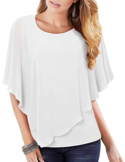 Lotusmile White Blouse for Women, Summer Work Tops Lightweight Flowy Relaxed Fit Plus Size Blouse Double Layered Chiffon Shirt Elegant Formal Evening Wear Blouse White Tops for Women Dressy Casual