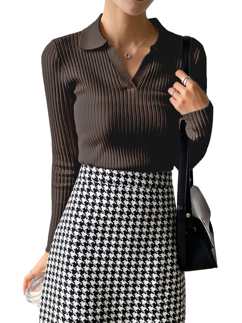 SHENHE Women's Casual V Neck Long Sleeve Knitted Pullover Polo Sweater Jumper Tops Chocolate Brown M