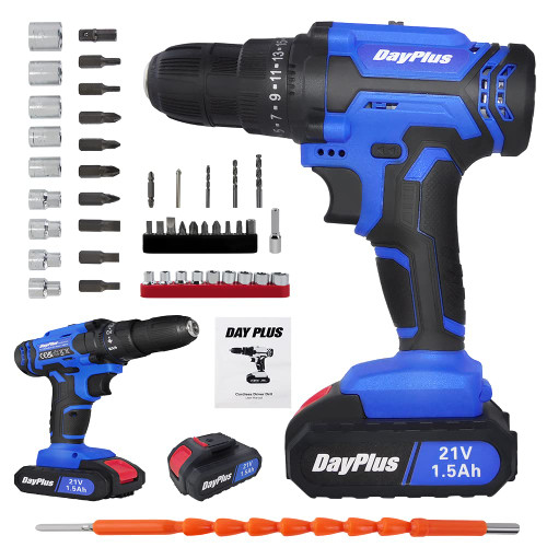 Cordless Power Tool Set 26Pcs Cordless Drill 21V Electric Drill with 1500mAh Battery, 3/8'' Keyless Chuck DIY Accessories Tool Kit with 25+1 Torque Setting, for Metal Wood, (Built-in LED Light)