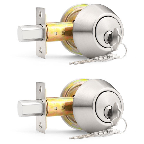 Probrico Keyed Alike Double Cylinder Deadbolt, 2 Side (Both) Keyed Round Modern Contemporary Deadbolt Door Lock for Interior and Exterior (Satin Nickel, 2 Pack)