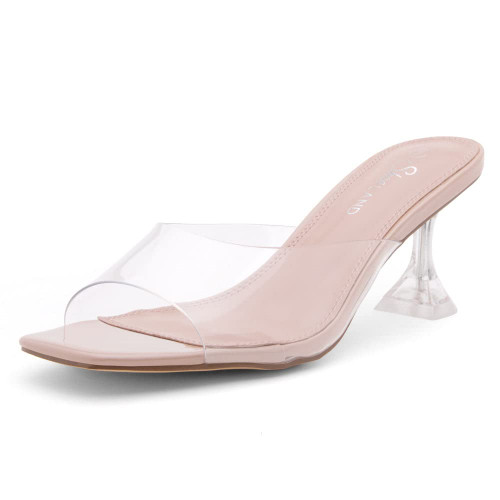 Shoe Land Womens Celebrate Clear Heels Sandals Transparent Stiletto Heeled Slides Square Open Toe Slip on Dress Mules, ClearNude, Size 6.5