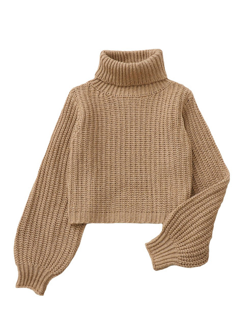 SOLY HUX Girl's Turtleneck Bishop Long Sleeve Sweater Casual Solid Pullover Top Plain Khaki 11-12Y