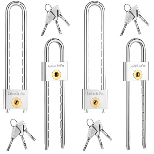 Photect 4 Pcs Long Shackle Padlock with Key 2 Inch Wide Waterproof Padlock Solid Brass Cabinet Lock Removable Adjustable Length Safety Keyed Padlocks for Outdoor, Security, Silver