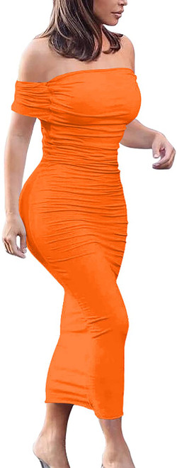 GOBLES Women's Ruched Off Shoulder Short Sleeve Bodycon Midi Elegant Cocktail Party Dress Fluo Orange GOBLES Women's Ruched Off Shoulder Short Sleeve Bodycon Midi Elegant Cocktail Party Dress Fluo Orange