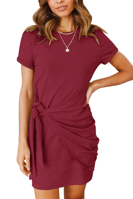 MEROKEETY Women's Short Sleeve Crew Neck T Shirt Dress Tie Waist Ruched Bodycon Mini Dress, Red, Large MEROKEETY Women's Short Sleeve Crew Neck T Shirt Dress Tie Waist Ruched Bodycon Mini Dress, Red, Large