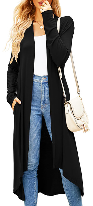 Newchoice Black Thin Cardigan Women Long Sleeve Open Front Draped Dressy Sweater Cardigan Duster with Pockets(01Black,XL)