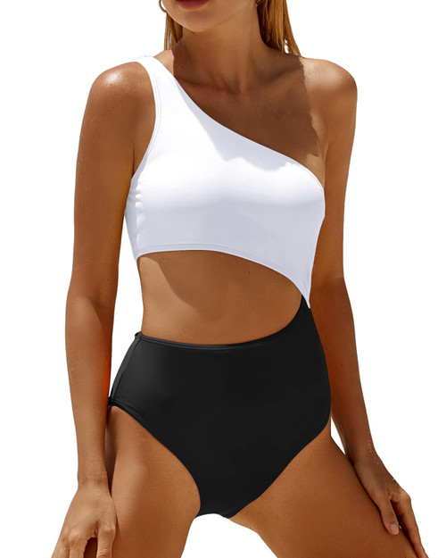 Yonique Women's One Piece Bathing Suit One Shoulder Swimsuit Cutout Swimwear Monokini White and Black S