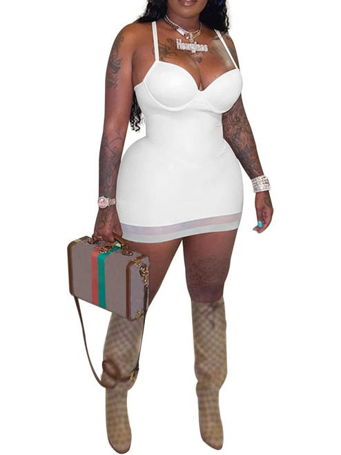 Women's Sexy Bodycon Party Dresses Spaghetti Strap Mesh Sheer Mini Club Dress White XXL