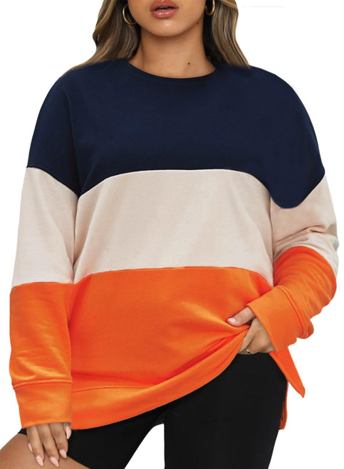 Eytino Women Plus Size Sweatshirt Casual Long Sleeve Crewneck Colorblock Pullover Shirts Tops,3X Orange