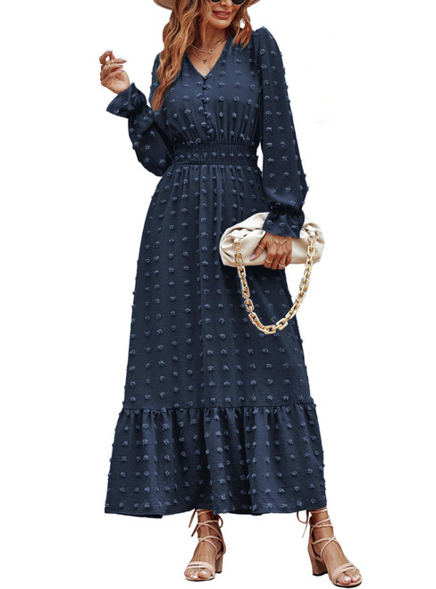 MASCOMODA Women Boho Maxi Dress 2024 Long Sleeve V Neck Swiss Dot Smocked High Waisted A-Line Ruffle Tiered Long Dress(Small,Navy) MASCOMODA Women Boho Maxi Dress 2024 Long Sleeve V Neck Swiss Dot Smocked High Waisted A-Line Ruffle Tiered Long Dress(Small,Navy)