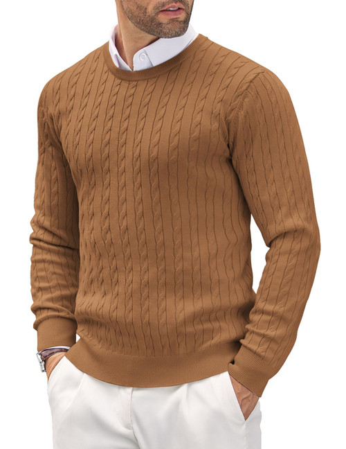 COOFANDY Men's Crewneck Cable Knit Sweaters Long Sleeve Lightweight Casual Twist Patterned Pullover Sweater Brown