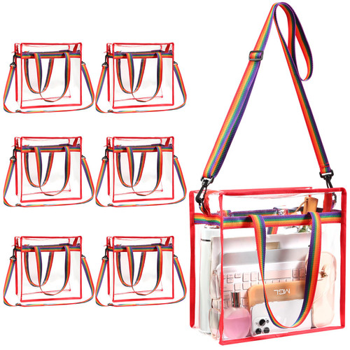 VZZNN 6 Pack Clear Tote Bag Stadium Approved 12x6x12 Transparent Tote Bags With Zipper Handles and Adjustable Strap See Through Handbags for Concerts Sporting Events Travel Work School Gym(Rainbow)