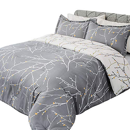 Bedsure Comforter Set Queen Size, Reversible Down Alternative Comforter Microfiber Duvet Sets (1 Comforter + 2 Pillow Sham), Tree Branch Floral, Grey&Ivory