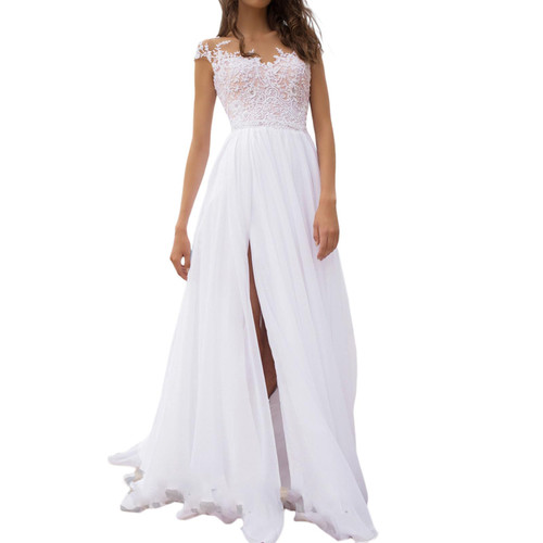 Women's Floral Lace Maxi Dress Sleeveless Split Slit Swing Long Dress Cocktail Evening Party Wedding Flowy Dresses (White, L)