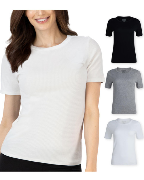 Lucky Brand Women's T-Shirt - 3 Pack Stretch Cotton Crewneck Ribbed Short Sleeve Shirt - Basic Solid T-Shirts for Women, S-XL, Size Small, Black/Heather/White