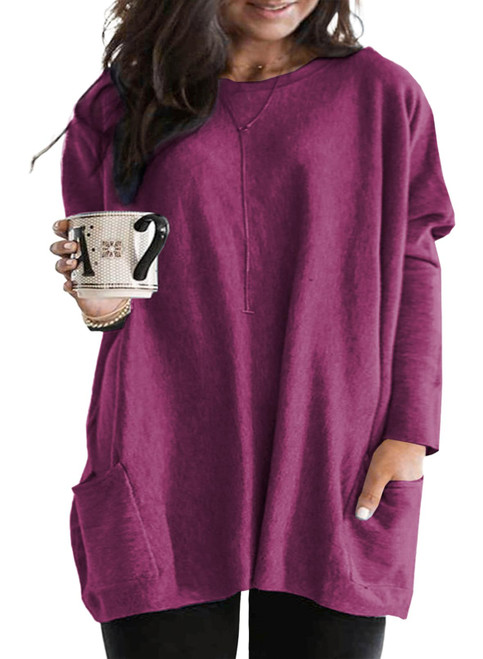 Eytino Womens Plus Size Casual Long Sleeve Tunic Tops Round Neck Sweatshirts Solid Color Oversized T Shirts with Pockets,3X Violet