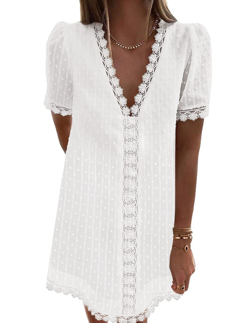 LookbookStore White Party Dress for Women 2023 White Womens Dress Casual Summer Dress for Women 2023 Trendy Boho Dress V Neck Short Sleeve Dress Lace Flowy Shift Dress Size XL Party Dress Size 16 18