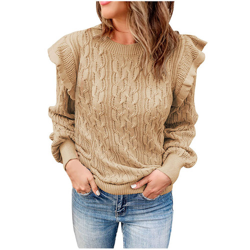 TUNUSKAT Womens Fall Sweaters 2022 Lightweight Ruffle Long Sleeve Crew Neck Pullover Fall Solid Plus Size Jumper Tops
