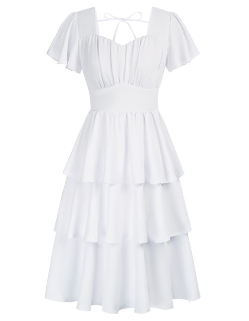 Belle Poque 1950s Vintage Square Neck Ruffle Dress for Women Short Sleeve Party Wedding Guest Cocktail Dress White M