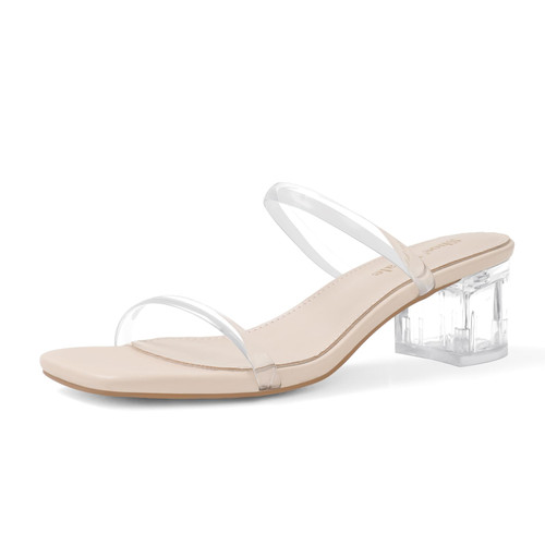 Shoe'N Tale Strappy Heels for Women Square Open Toe Two Strap Low Block Heel Slip on Dressy Sandals Shoes(9.5,Clear/nude)