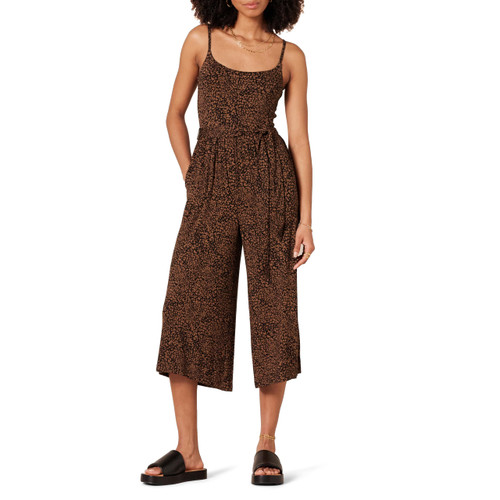 Amazon Essentials Women's Jersey Cami Cropped Wide Leg Jumpsuit, Dark Toffee Brown Animal Print, Small