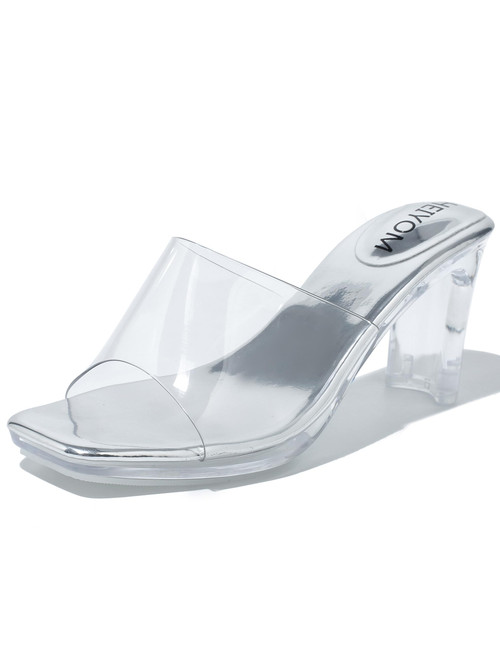 Women's Square Toe Clear Heels Sandals Transparent Block Chunky Heels Sexy Backless Slip on Mules High Heeled Slipper Dress Shoes Silver 40 US8.5