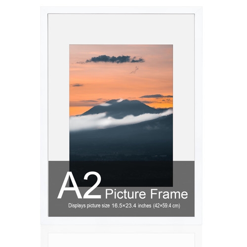 HOMESEVEN A2 Poster Frame, A2 Frame A2 Picture Frame (16.5 x 23.4 inches), Solid Wood White Poster Frame-Horizontal and Vertical Wall Hanging for Home, Exhibition, Caffe(White)
