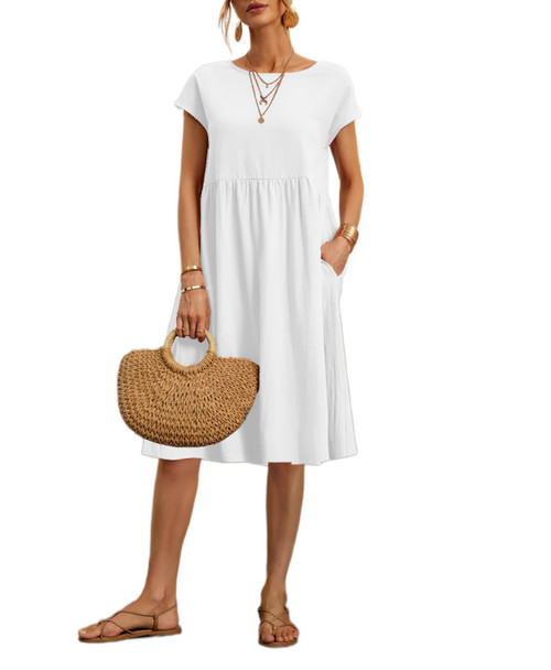 TIAFORD Womens Summer Linen Short Sleeve Crewneck Midi Dress Flowy Casual Cotton Long Tunic Dress with Pockets