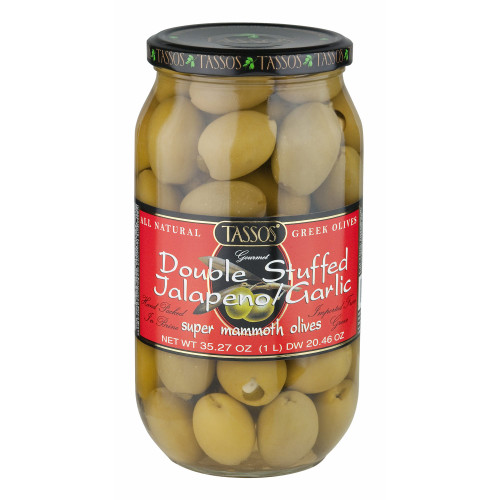 Tassos Double Stuffed Jalapeno and Garlic Olives, 1 Liter (pack of 2)