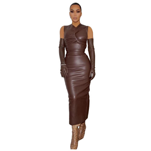 XLLAIS Faux Leather Maxi Dress for Women Sexy O-Neck Tank Bodycon Long Dresses (Brown Small)