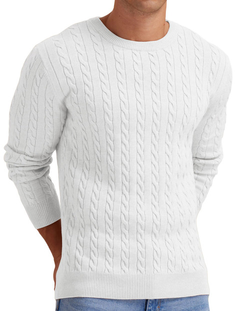 Askdeer Men's Cable Knit Sweaters Classic Crewneck Sweater Soft Casual Pullover Sweaters with Ribbing Edge White