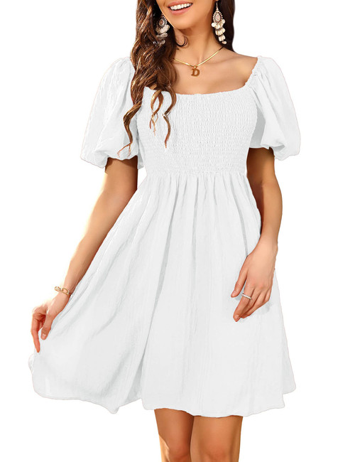 KOJOOIN Women Summer Smocked Mini Dress White Bridal Shower Puff Short Sleeve Square Neck Ruffle A Line Casual Dress, M KOJOOIN Women Summer Smocked Mini Dress White Bridal Shower Puff Short Sleeve Square Neck Ruffle A Line Casual Dress, M